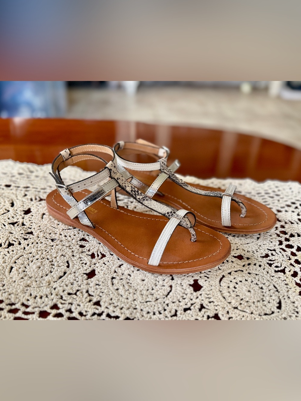 Metallic Snake-Print Toe-Ring Sandals in Silver and Tan